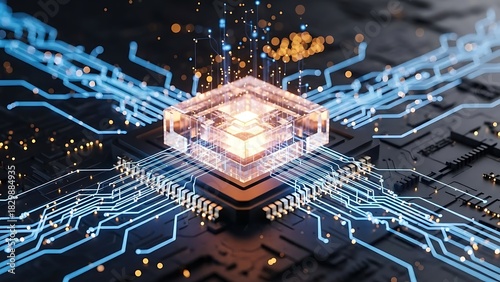 Futuristic digital circuit board with glowing central processor