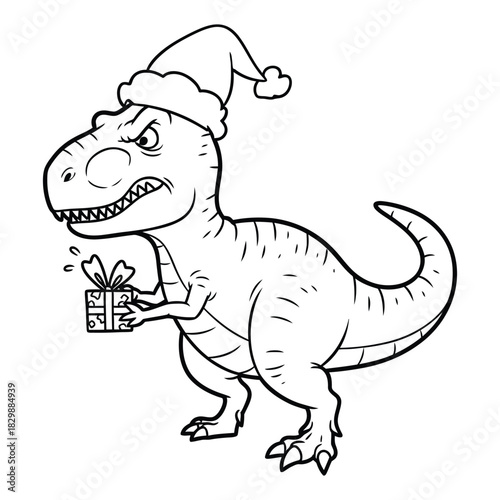 Dino's Festive Gift: An outlined dinosaur sports a Santa hat, clutching a wrapped gift with a hint of holiday cheer.