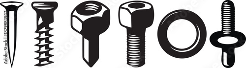 Set of hardware fasteners including nails, screws, bolts, nut and washer, detailed silhouette illustration for construction, repair, and mechanical projects