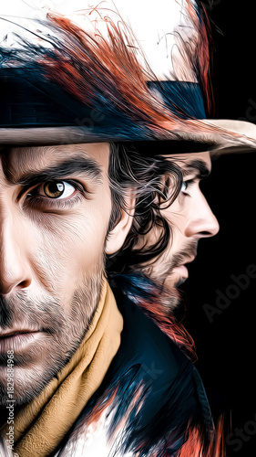 Conceptual illustration of duality and inner conflict showing two faces. Psychological portrait revealing hidden side of human nature.