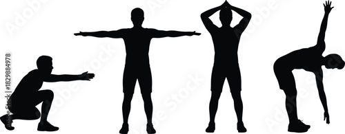 Exercise silhouettes, stretching poses, squat gesture, warm-up stance, black outline, fitness motion, posture study, wellness routine, body movement, flexibility icon