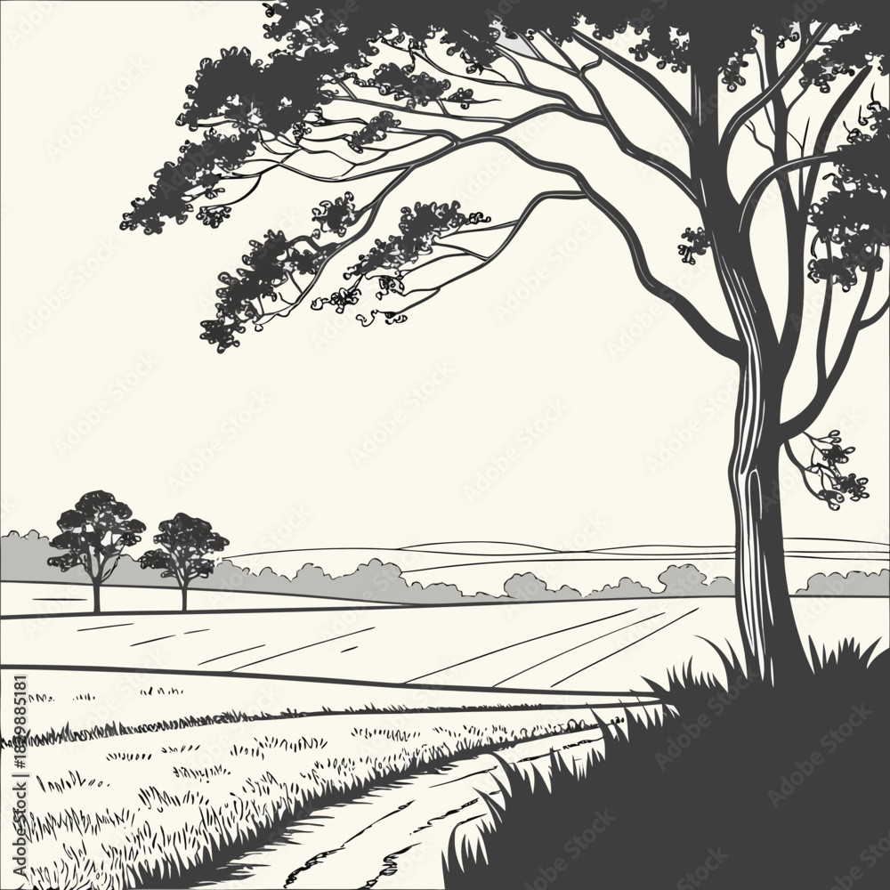 Fototapeta premium Stylized black and white illustration of a winding dirt path through a grassy field leading to rolling hills and trees
