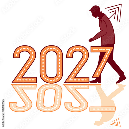 Man walking towards the year 2027 with a reflection showing the year sos symbolizing a crisis