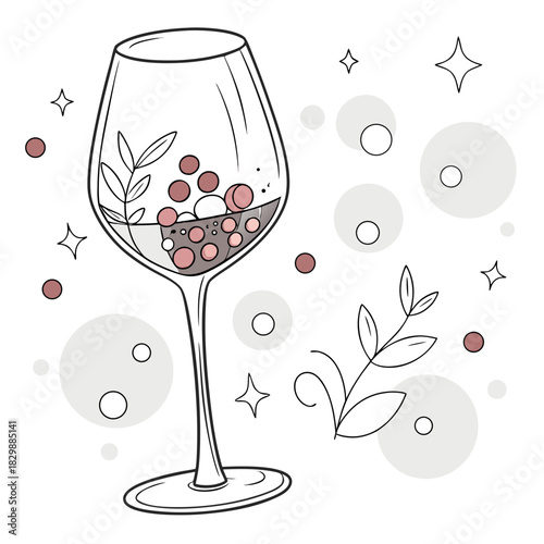 Artistic illustration of a wine glass filled with pink berries and a delicate branch with sparkling elements