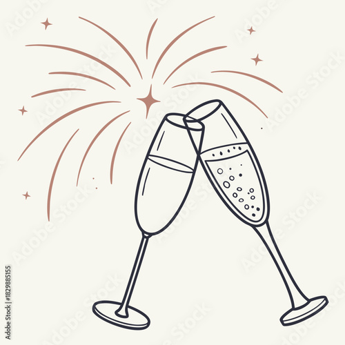 Two champagne flutes clinking together with sparkling fireworks and stars in the background celebrating a special occasion