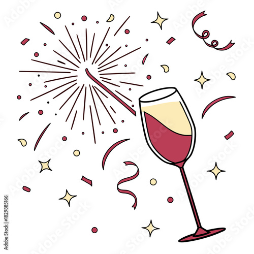 Celebration with a glass of wine and a sparkling firework surrounded by confetti and stars