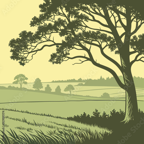 Stylized illustration of a large tree silhouette against a rolling green landscape and pale yellow sky