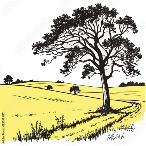 A lone tree stands tall in a vibrant yellow field with rolling hills and a winding path