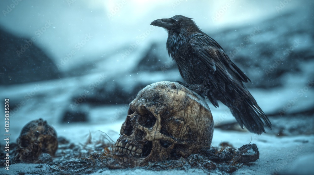 Obraz premium A dark and mysterious scene featuring a raven perched on a weathered skull. The chilling atmosphere evokes feelings of intrigue. Ideal for horror themes or gothic art. AI