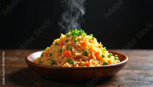 Fototapeta Naklejka Na Ścianę i Meble -  Appetizing dish of fried rice with peas and carrots on wooden plate. Steam rises from the hot Asian food served on table. Healthy lunch or dinner meal ready to eat.