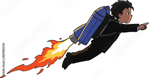 Cartoon person flying with jetpack, dynamic business suit silhouette, futuristic technology illustration, innovation progress concept, speed motion creative design artwork
