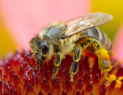 Super macro of a honeybee covered in bright yellow pollen on a red blossom, showing detailed wing veins, hair texture, and vivid colors. Sharp scientific and artistic nature close-up.