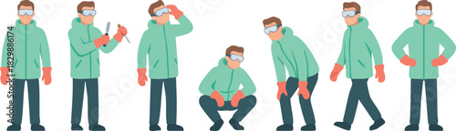 A series of illustrated workers in safety goggles and gloves performing various standing and crouching poses in matching protective winter gear