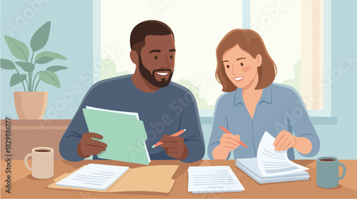 A cheerful couple sits together at a cozy table, reviewing documents and writing notes as they collaborate on paperwork in a warm, homey environment