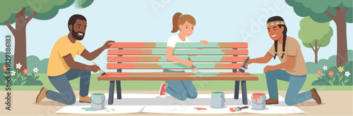 Three volunteers repaint a wooden park bench together on a sunny day in a peaceful community park, working cooperatively with brushes and paint cans
