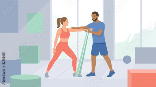 A trainer assists a woman performing resistance-band exercises in a bright modern gym, demonstrating proper form, balance, and controlled movement