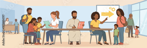 A multicultural group of families and volunteers sits at a long table inside a community center, registering people and offering guidance in a welcoming environment