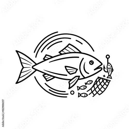 Monoline Fishing Icon with Big Fish, Hook, Net, and Smaller Fish