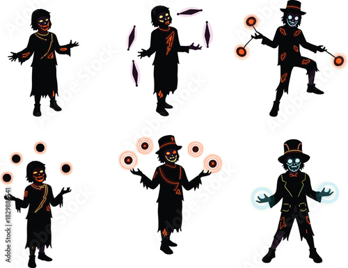 Cartoon spooky circus character, blue face jester with red eyes, juggling glowing objects, halloween fantasy costume illustration, creepy magical performance design