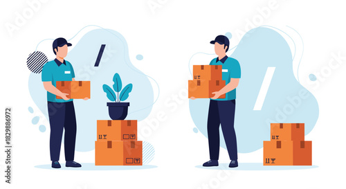 Two uniformed delivery or moving men are actively handling cardboard boxes, symbolizing logistics, relocation, or package delivery services.