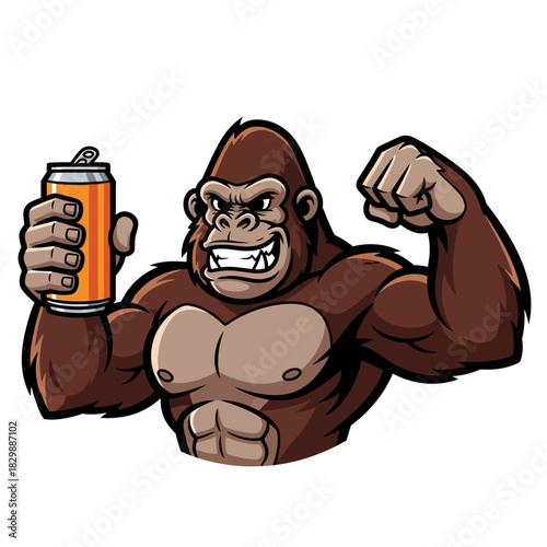 Strong cartoon gorilla mascot flexing its bicep while holding a can.