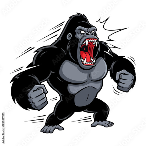 Angry gorilla roaring with open mouth and clenched fists ready to attack.