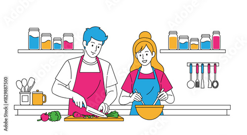 A cheerful couple, wearing aprons, enjoys cooking together in a bright kitchen, with the man chopping vegetables and the woman mixing ingredients.
