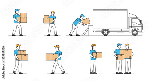 Professional delivery workers and movers diligently transport and load a variety of cardboard packages onto a white cargo truck.