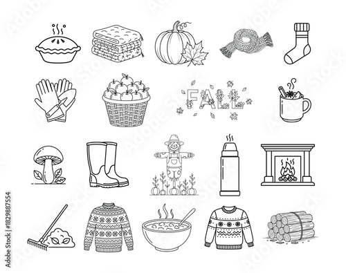 Autumn preparation and cozy fall season black line icons set vector