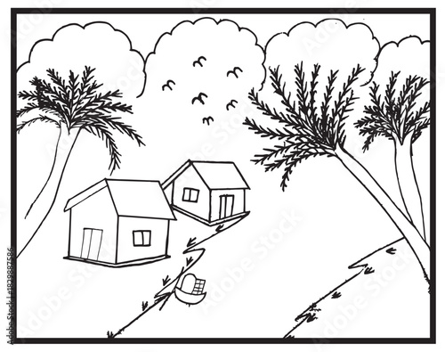 Line art of vehicles on a riverbank with a view of a small boat and palm trees can be used as the interior of an art book.