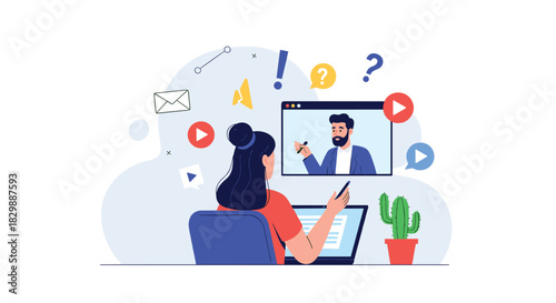 Woman attending an online class on her laptop with a male instructor, surrounded by icons representing digital learning and communication.