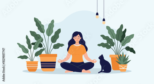 A woman in a vibrant orange shirt and dark pants meditates in a peaceful indoor setting, surrounded by lush potted plants and a calm black cat.