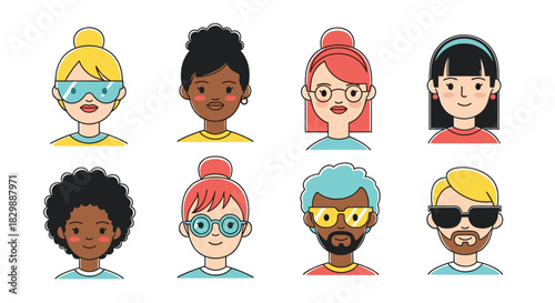 A collection of diverse cartoon avatars depicting people with various hairstyles, skin tones, and accessories, illustrating a sense of community.