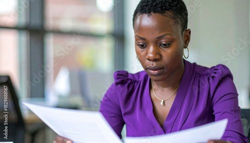 a black business woman with short hair wearing a purple blouse shirt focusing intensely on her documents in the office