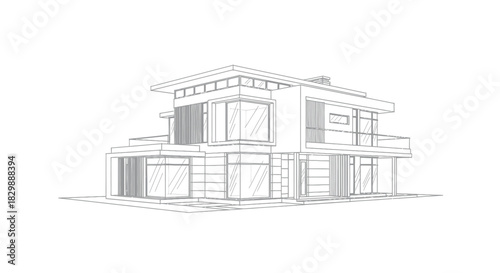 Contemporary two-story modern house architectural design blueprint showcasing structural elements
