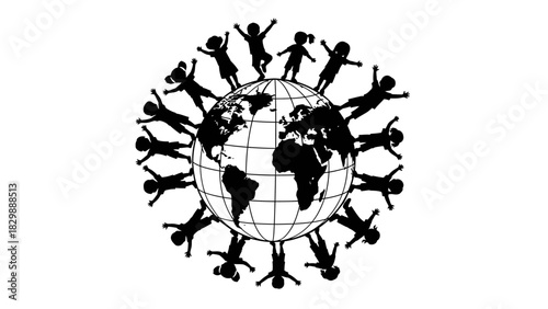 A diverse group of children holding hands in a circle around a stylized globe, symbolizing global unity and childhood.