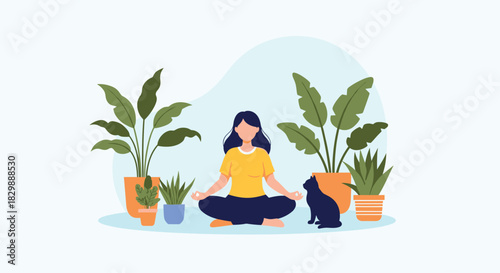 A serene woman meditates at home in a peaceful setting, surrounded by lush houseplants and a calm black cat, promoting mindfulness and well-being.