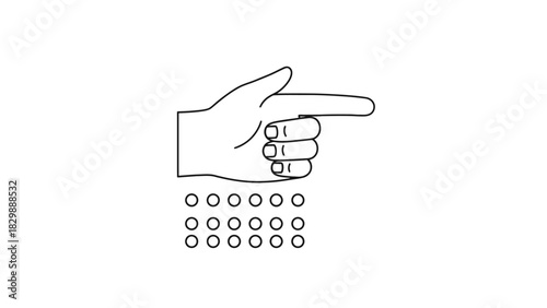 A simple black and white line art illustration of a hand pointing to the right over a grid of dots.
