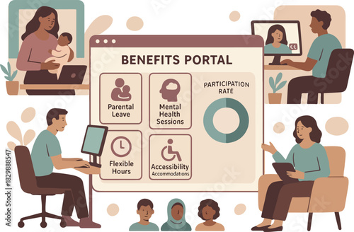 Employee Well-Being Benefits Portal — Inclusive Care & Participation Metrics Vector