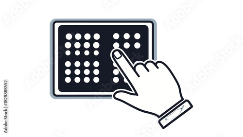 A hand's index finger touching a Braille display, illustrating tactile reading for visually impaired individuals.