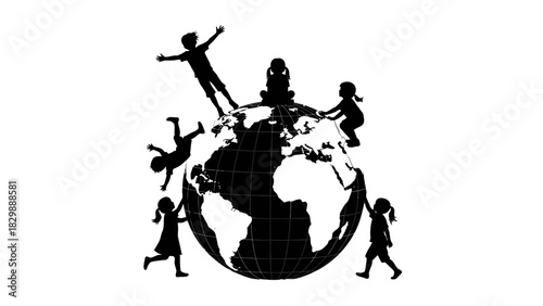 Children playing around the globe, symbolizing global childhood and unity.