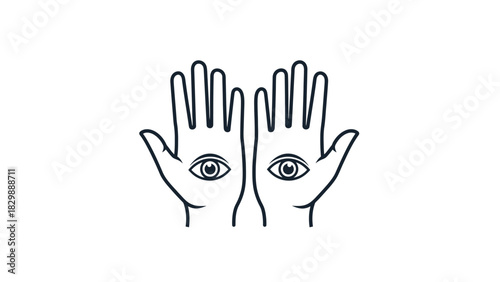 A minimalist illustration featuring two hands with eyes in the palms, symbolizing perception.