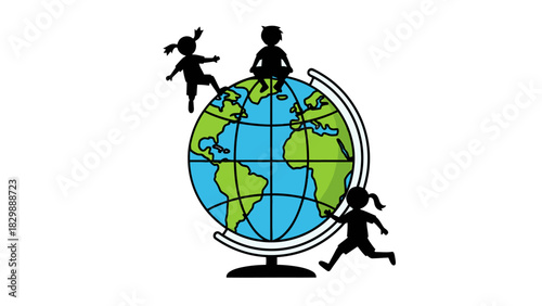 Silhouette children playing on a globe, representing global education and international travel.