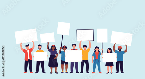A diverse group of people from different backgrounds stand together, holding blank signs, ready to protest or advocate for a cause.