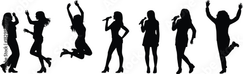 Female singer silhouettes, microphone poses, dynamic performance, high heels, expressive gesture, black outline, concert energy, motion study, stage presence, celebration stance