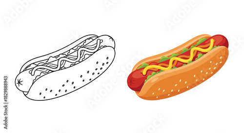 A hot dog coloring page outline is presented next to a vibrant cartoon illustration of the same classic fast food item with condiments.