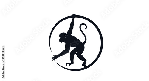Playful monkey silhouette hangs from a circular branch, extending its hand in a dynamic pose, symbolizing agility and nature.