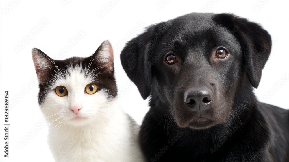 Fototapeta premium A beautiful close-up of a black labrador retriever and a curious white cat with patches. Ideal for pet lovers and animal enthusiasts. This image captures friendship and companionship. AI
