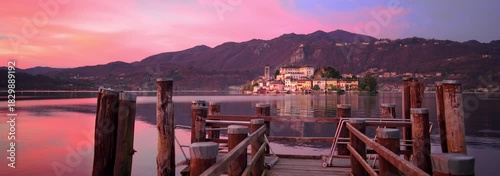 Anamorphic Lens, cinemascope, Fantastic pink sunrise on lake Orta