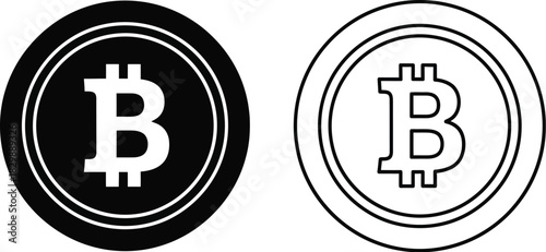 Two bitcoin symbols one filled and one outlined displayed side by side